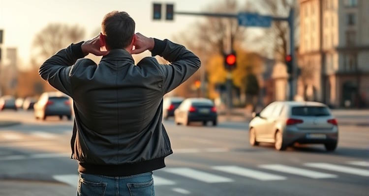Eine Person steht an einer vielbefahrenen Straße und hält sich zum Schutz vor Lärm mit beiden Händen die Ohren zu (KI-generiertes Bild)