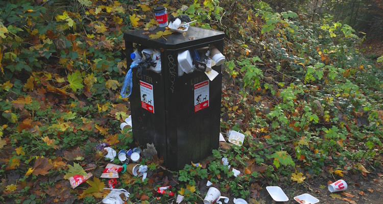 Überfüllter Abfallbehälter. Neben dem Behälter liegen viele verschiedene Verpackungsgegenstände.