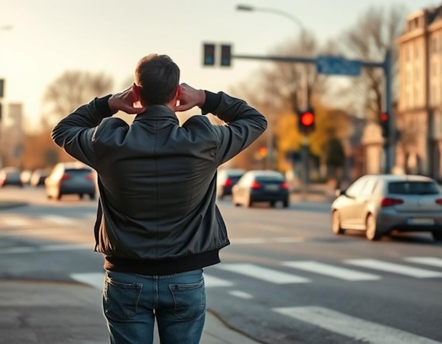 Eine Person steht an einer vielbefahrenen Straße und hält sich zum Schutz vor Lärm mit beiden Händen die Ohren zu (KI-generiertes Bild) Eine Person steht an einer vielbefahrenen Straße und hält sich zum Schutz vor Lärm mit beiden Händen die Ohren zu (KI-generiertes Bild)