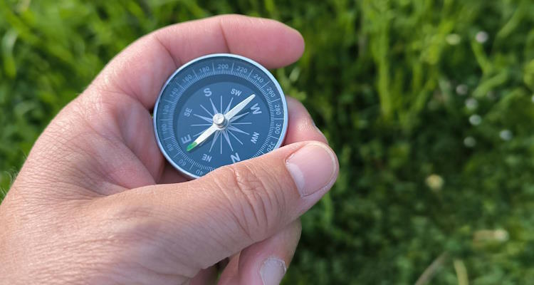 Symbolbild: Eine Hand hält einen Kompass. Im hintergrund ist unscharf der mit Gras bewachsene Boden zu erkennen.