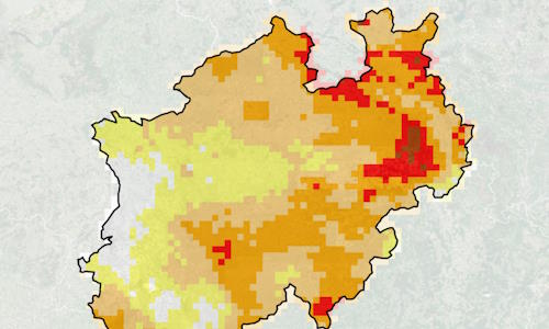 Kartographische Darstellung der trockenen Gebiete im Klimaatlas NRW