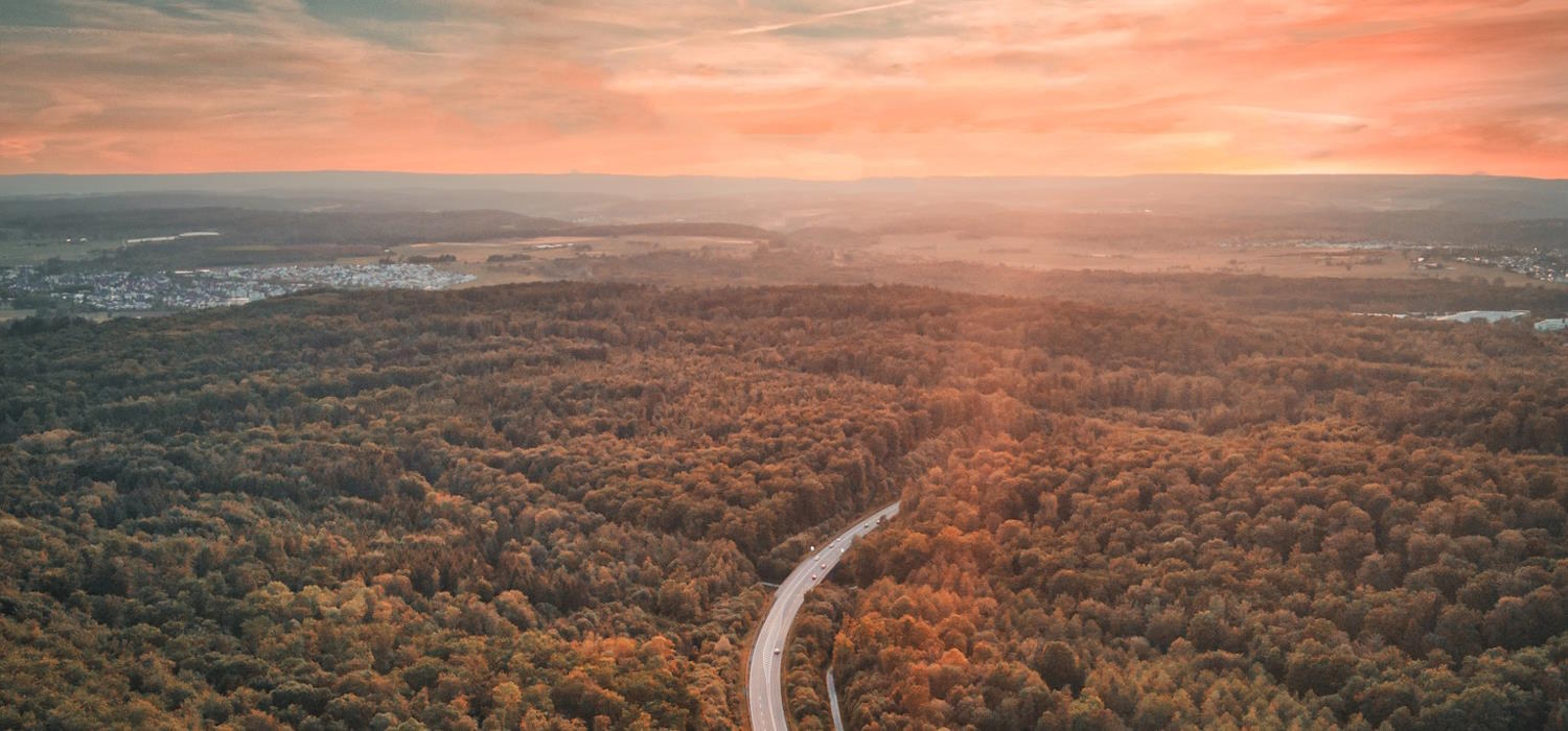 Symolbild: Luftbild einer großen Waldfläche. In der Mitte verläuft eine Straße. Im Hintergrund ist schemenhaft eine Siedlung zu sehen. Der Himmel wird vom Sonnenlicht rot gefärbt. Symolbild: Luftbild einer großen Waldfläche. In der Mitte verläuft eine Straße. Im Hintergrund ist schemenhaft eine Siedlung zu sehen. Der Himmel wird vom Sonnenlicht rot gefärbt.